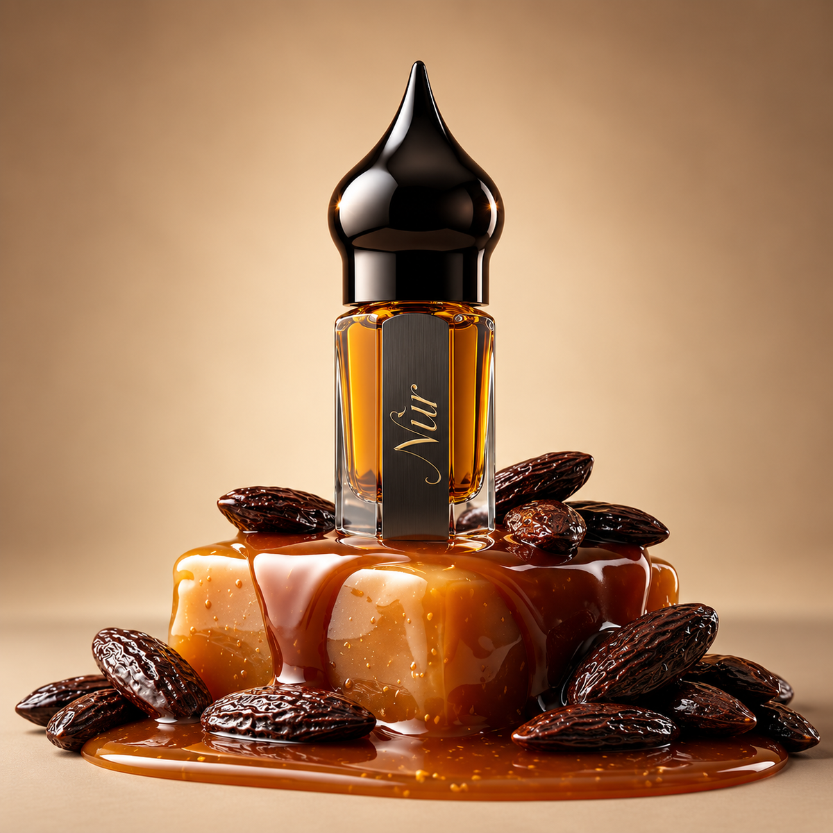 Caramel Tonka de NÛR, élixir de parfum 3 ml, mise en scène évoquant le caramel sombre et la fève tonka du Brésil.
