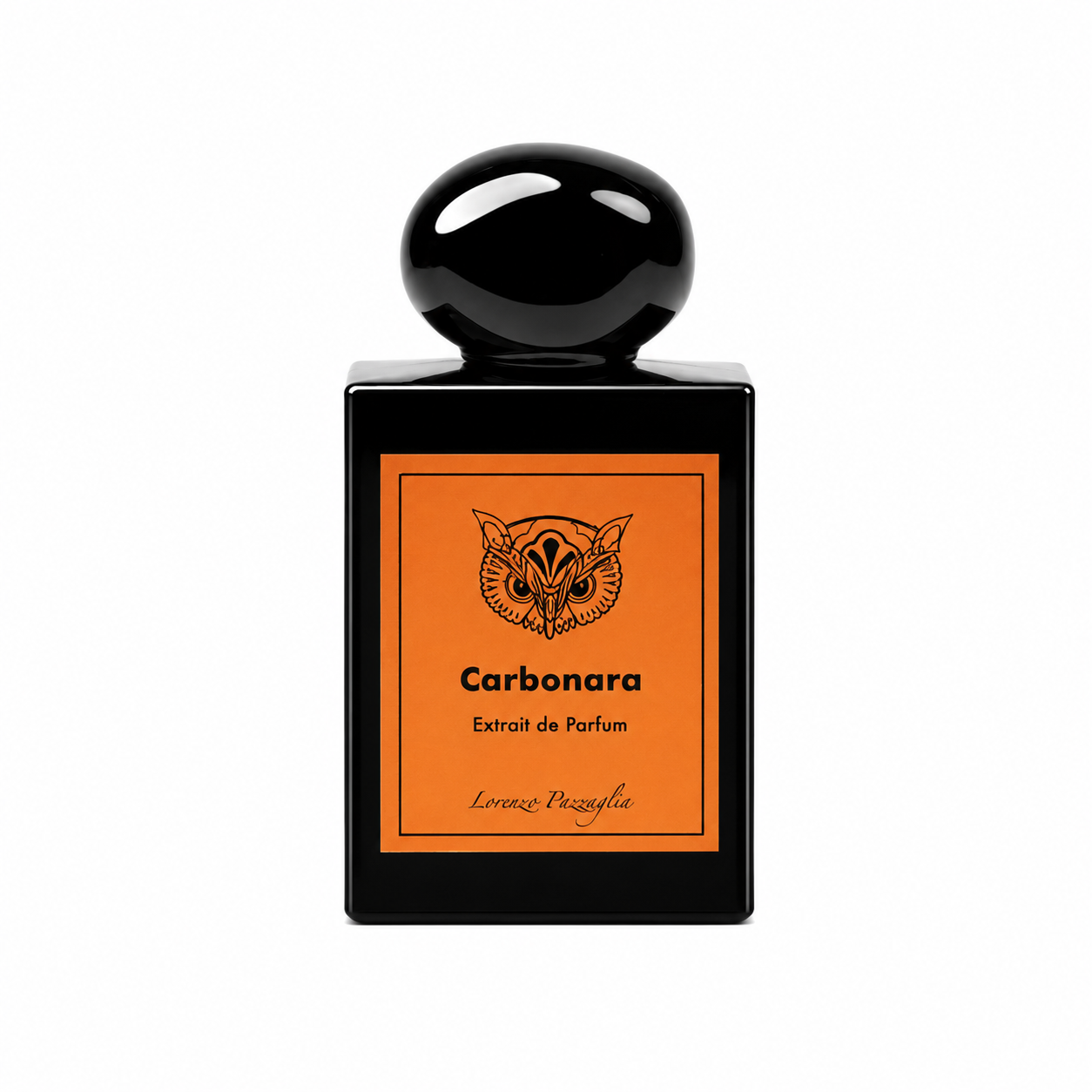 Carbonara de Lorenzo Pazzaglia, extrait de parfum 50 ml, flacon de face sur fond blanc.
