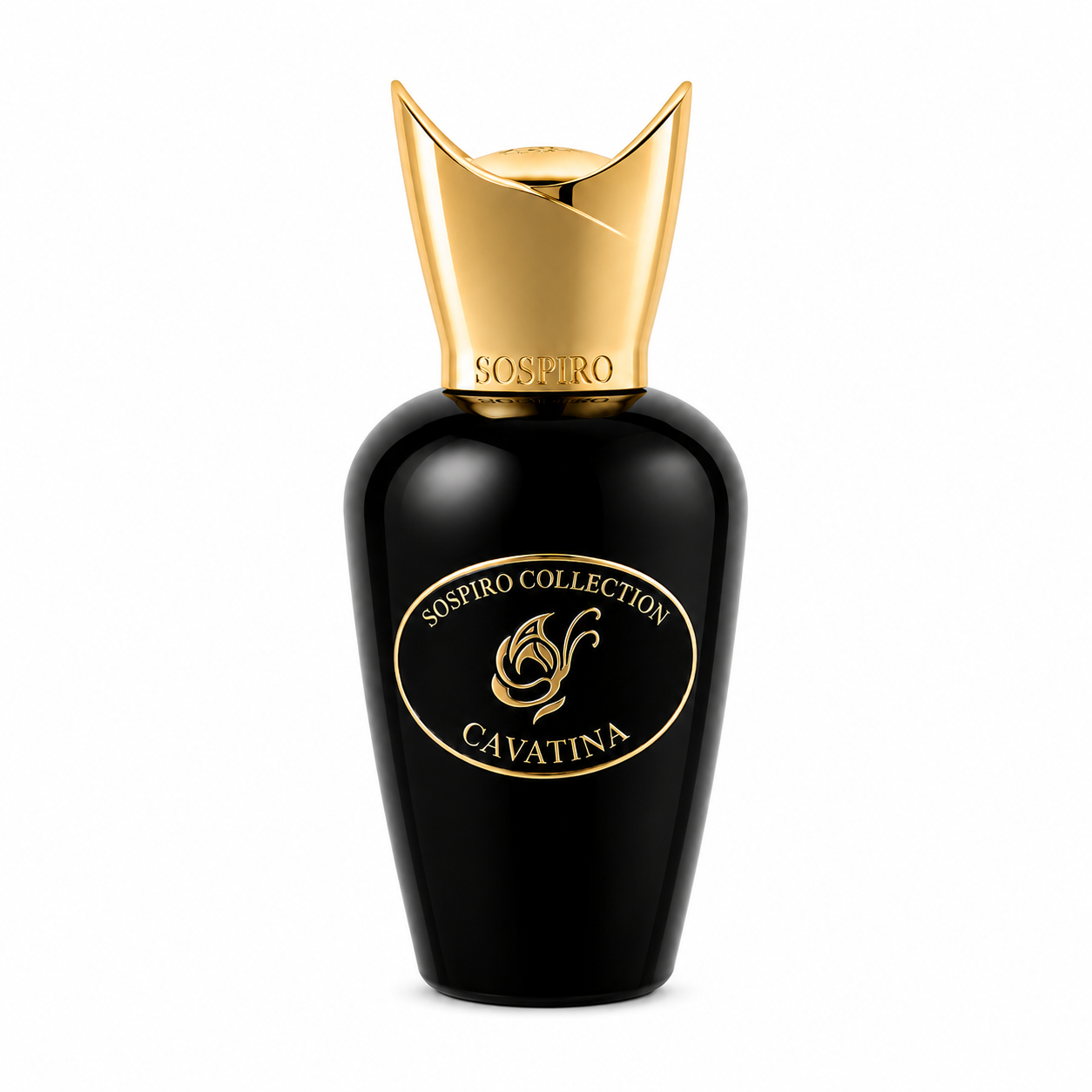 Cavatina de Sospiro, eau de parfum 75 ml, flacon de verre noir laqué de face sur fond blanc.