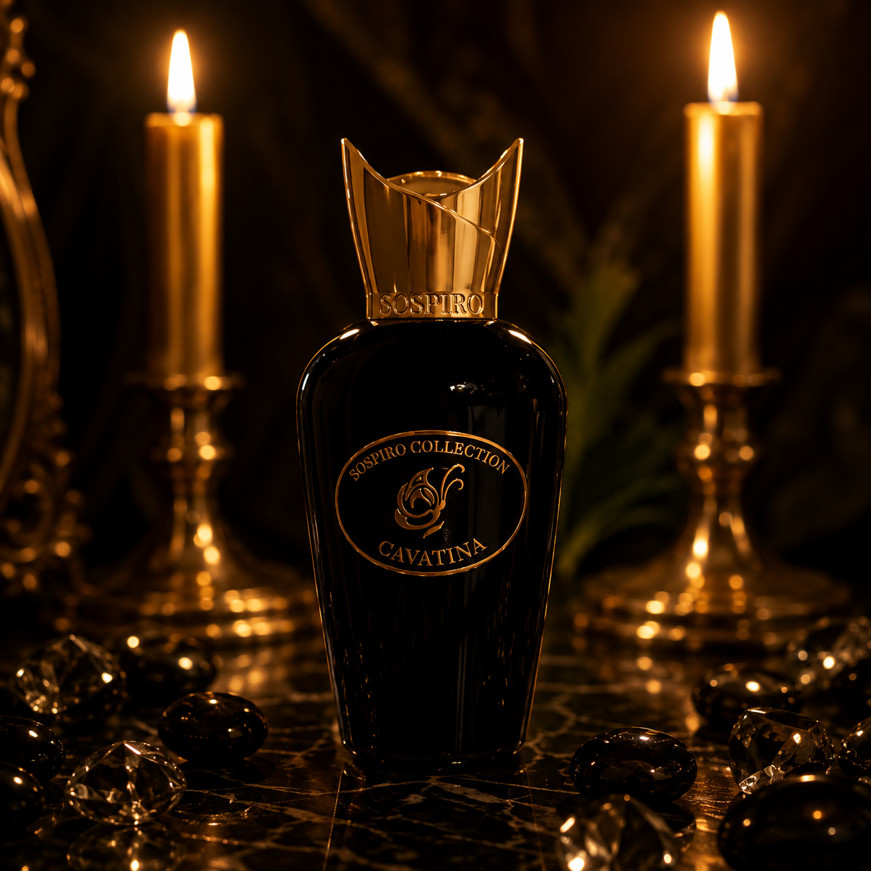 Cavatina de Sospiro, eau de parfum 75 ml, flacon en mise en scène entre deux chandeliers dorés.