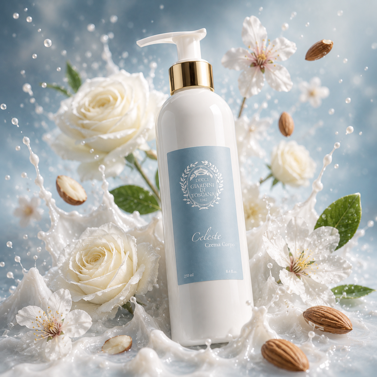 Crème pour le corps Celeste 250 ml Giardini di Toscana dans un univers floral lacté avec roses blanches fleurs délicates amandes et éclaboussures crémeuses