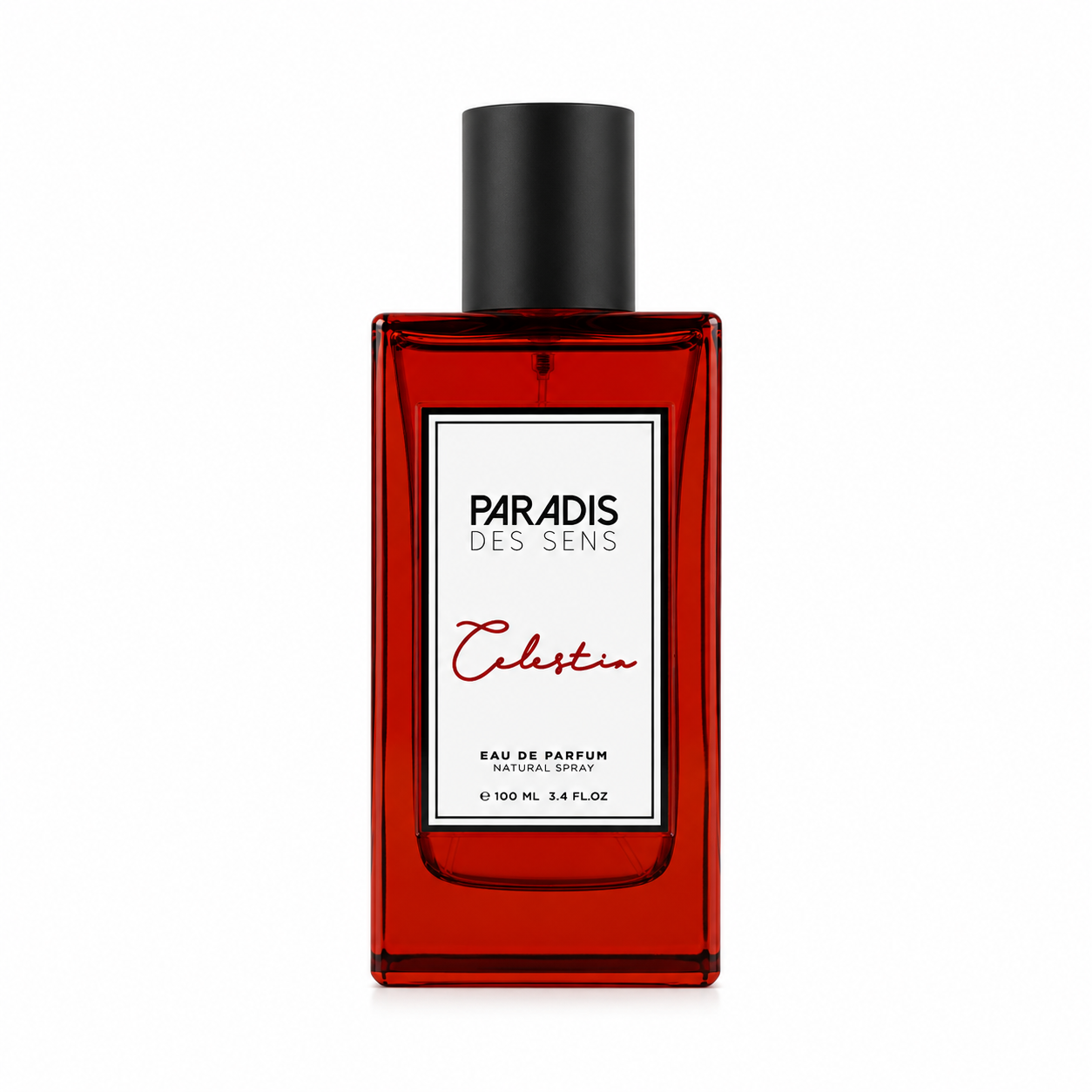 Celestia de Paradis des Sens, eau de parfum 100 ml, flacon rouge de face sur fond blanc.