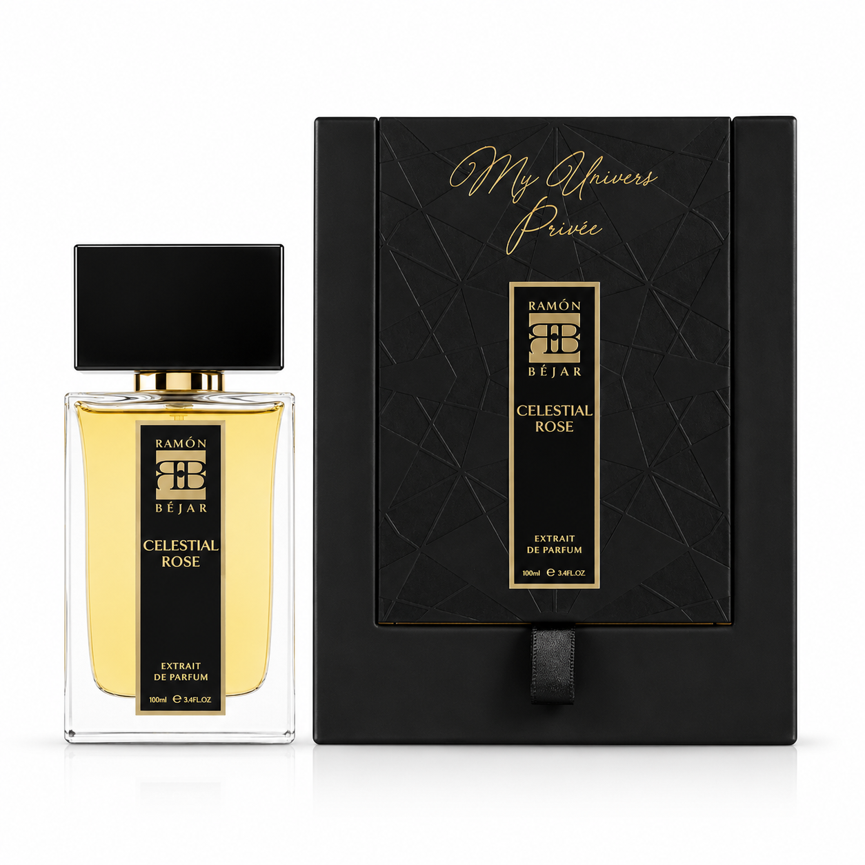 Celestial Rose Ramón Béjar extrait de parfum 100 ml avec coffret sur fond blanc
