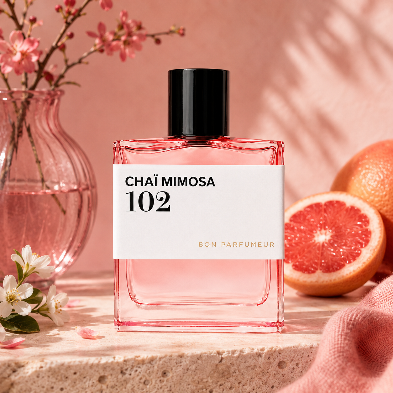 102 Chaï Mimosa de Bon Parfumeur, eau de parfum 100 ml, flacon en mise en scène avec fleurs et pamplemousse.