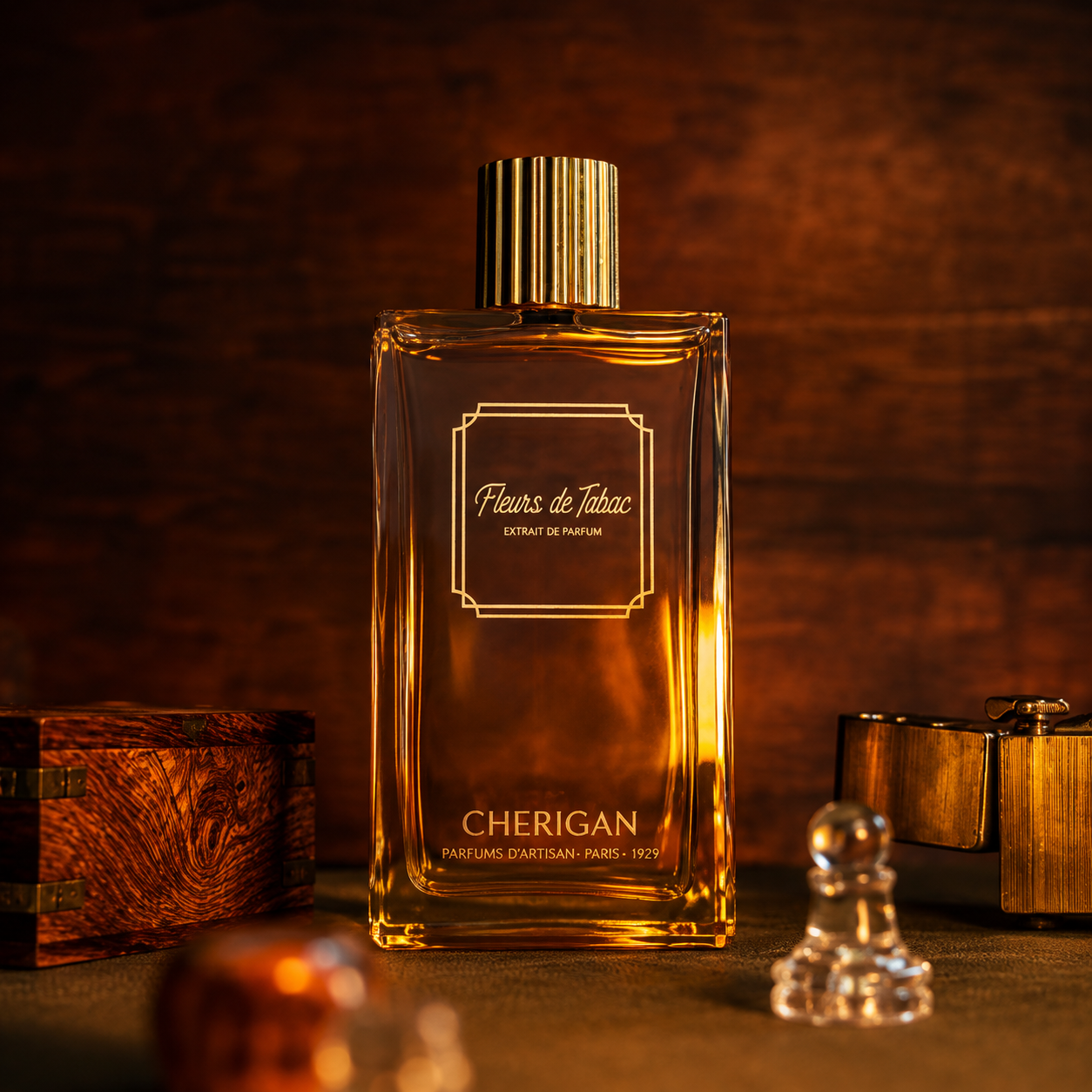 Flacon Fleurs de Tabac Extrait de Parfum Cherigan dans un univers chaleureux inspiré des boiseries, du tabac et des spiritueux raffinés.