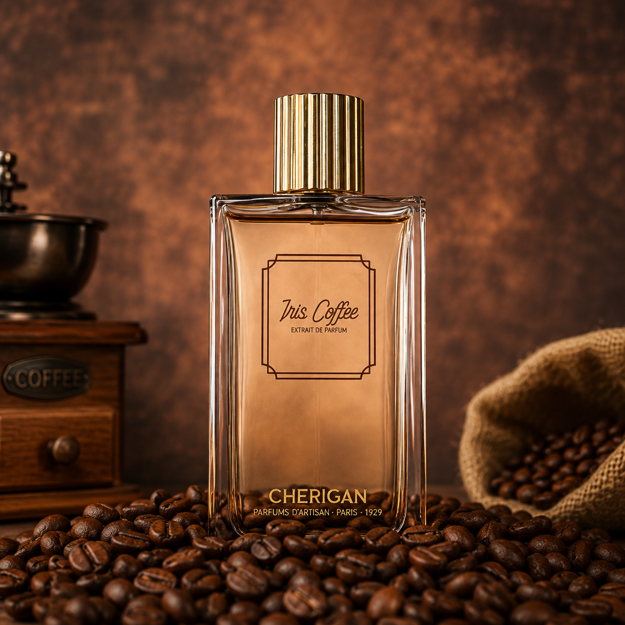 Flacon Iris Coffee Extrait de Parfum Cherigan dans un univers chaleureux avec grains de café et moulin traditionnel.