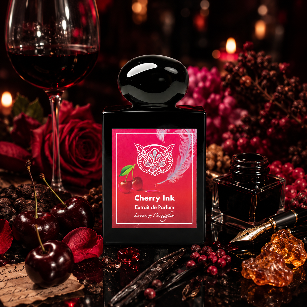 Cherry Ink de Lorenzo Pazzaglia, extrait de parfum 50 ml, flacon en ambiance avec cerises noires, vin rouge, encre, rose de Damas et bois précieux.