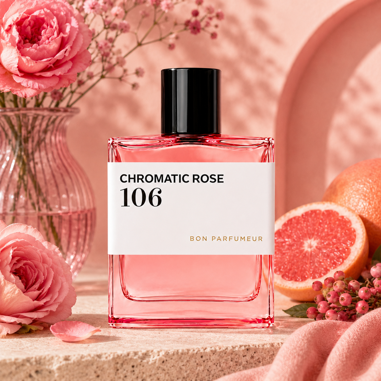 106 Chromatic Rose de Bon Parfumeur, eau de parfum 100 ml, flacon en mise en scène avec roses et pamplemousse.