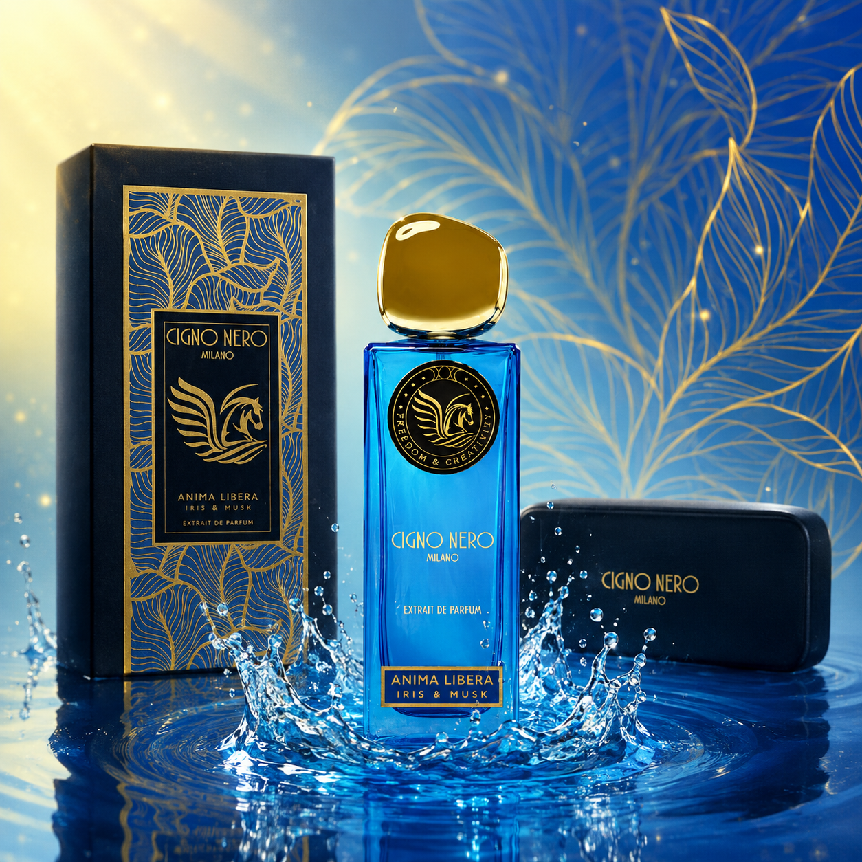 Cigno Nero Anima Libera Iris & Musk Extrait de Parfum 50 ml avec coffret et étui, flacon bleu sur fond aquatique