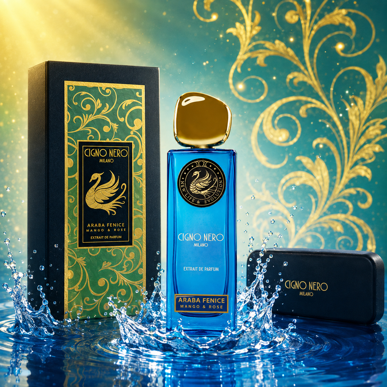 Cigno Nero Araba Fenice Mango & Rose Extrait de Parfum 50 ml avec coffret et étui, flacon bleu sur fond aquatique