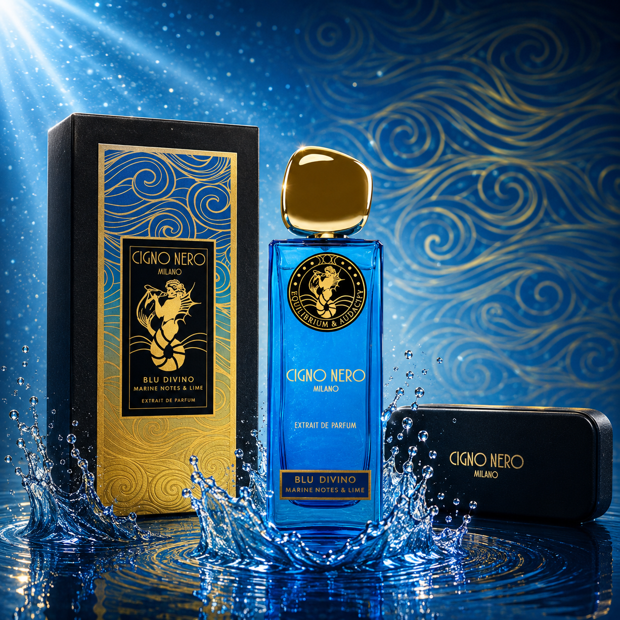 Flacon Blu Divino Marine Notes & Lime Extrait de Parfum Cigno Nero Milano avec son coffret dans un décor aquatique bleu et doré.