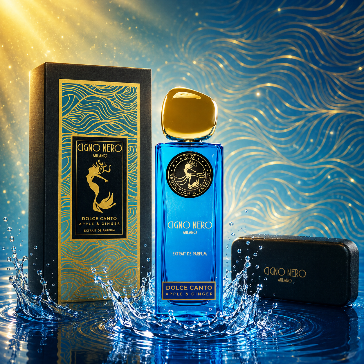 Flacon Dolce Canto Apple & Ginger Extrait de Parfum Cigno Nero Milano avec son coffret dans un décor aquatique bleu et doré.
