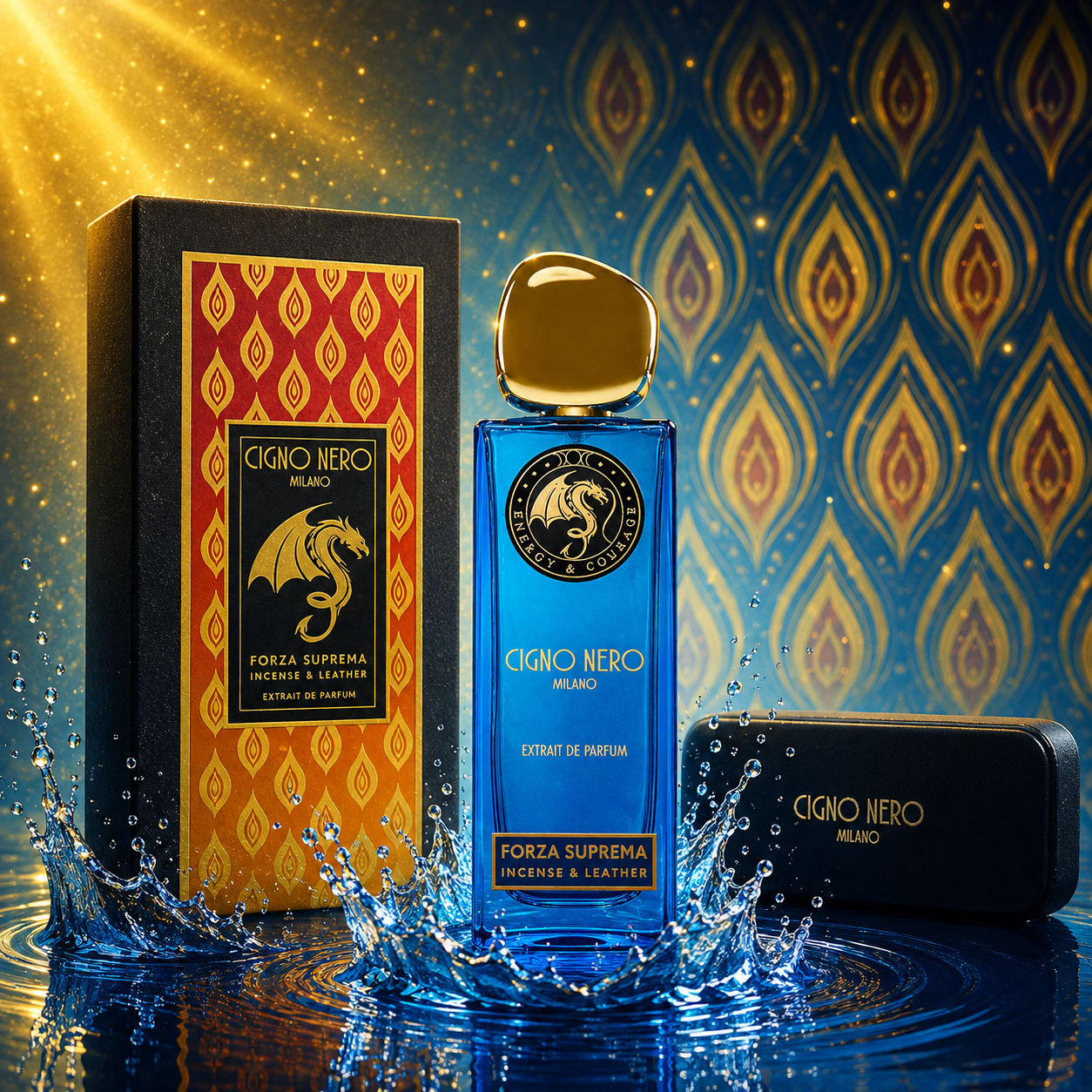 Flacon Forza Suprema Incense & Leather Extrait de Parfum Cigno Nero Milano avec son coffret dans un décor aquatique bleu et doré.