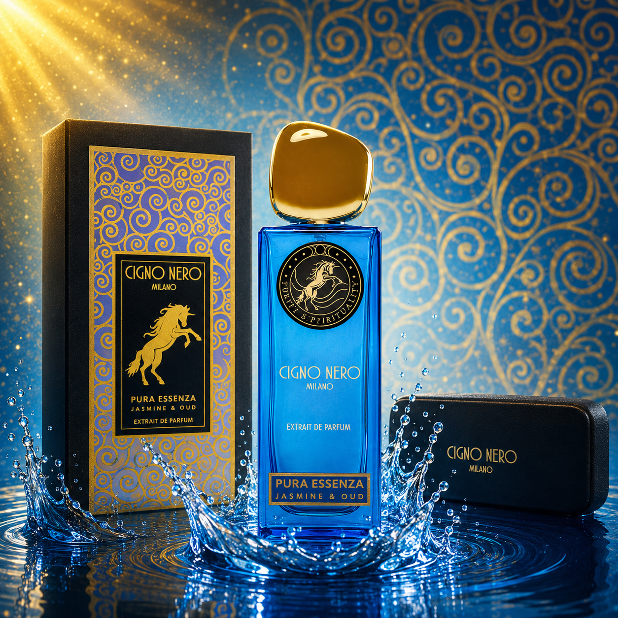 Flacon Pura Essenza Jasmine & Oud Extrait de Parfum Cigno Nero Milano avec son coffret dans un décor aquatique bleu et doré.