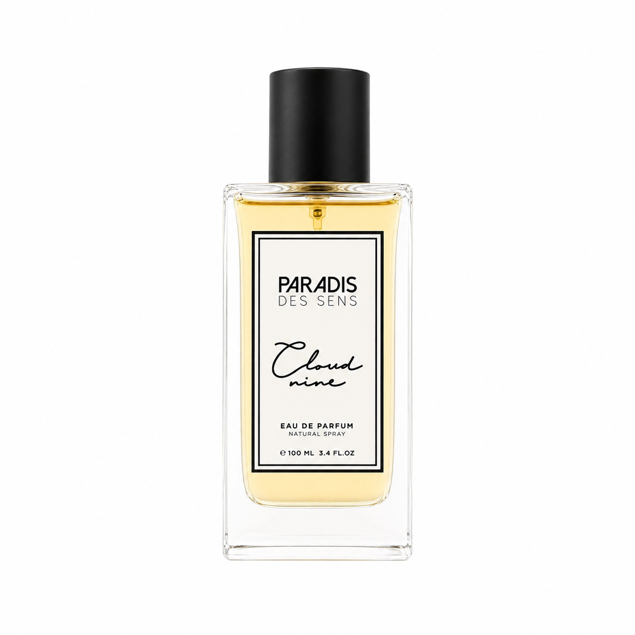 Cloud Nine de Paradis des Sens, eau de parfum 100 ml, flacon transparent au jus ambré de face sur fond blanc.