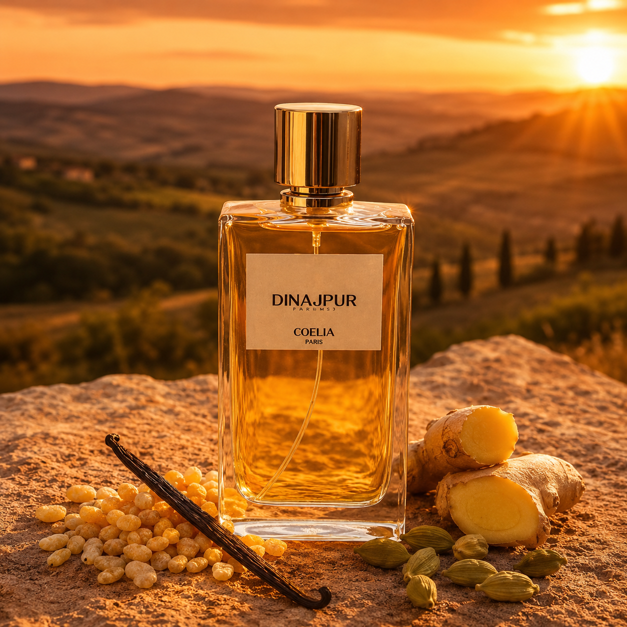 Coelia Dinajpur Parfums avec gingembre, cardamome et vanille au coucher du soleil