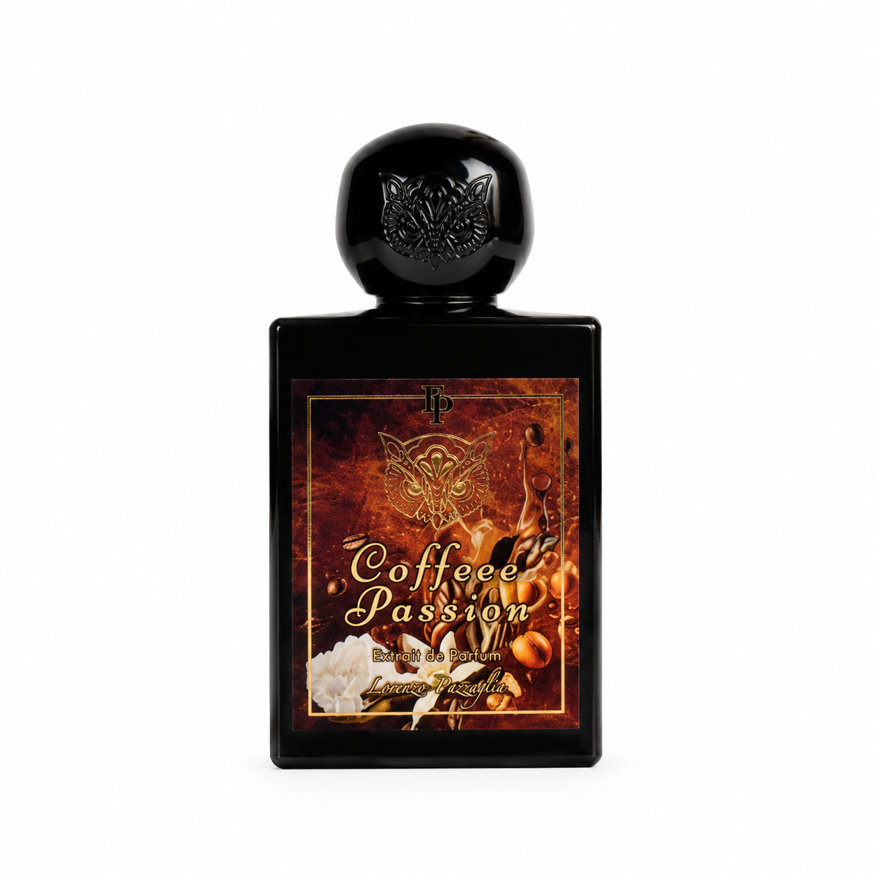 Coffeeee Passion de Lorenzo Pazzaglia, extrait de parfum 50 ml, flacon noir sur fond blanc avec étiquette inspirée du café, des grains de café et d'accords gourmands.