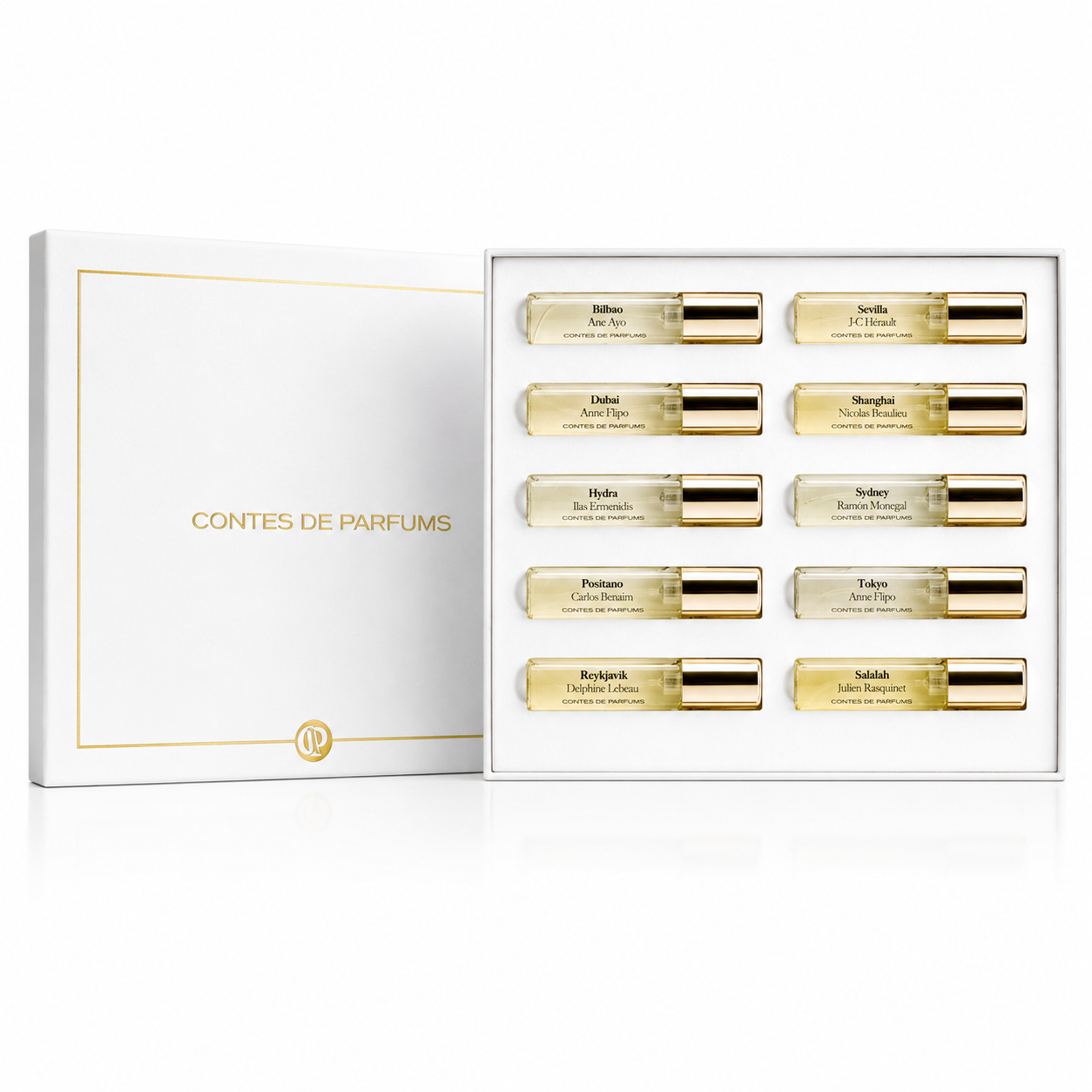 Coffret découverte Contes de Parfums contenant 10 vaporisateurs de 10 ml d’eau de parfum sur fond blanc