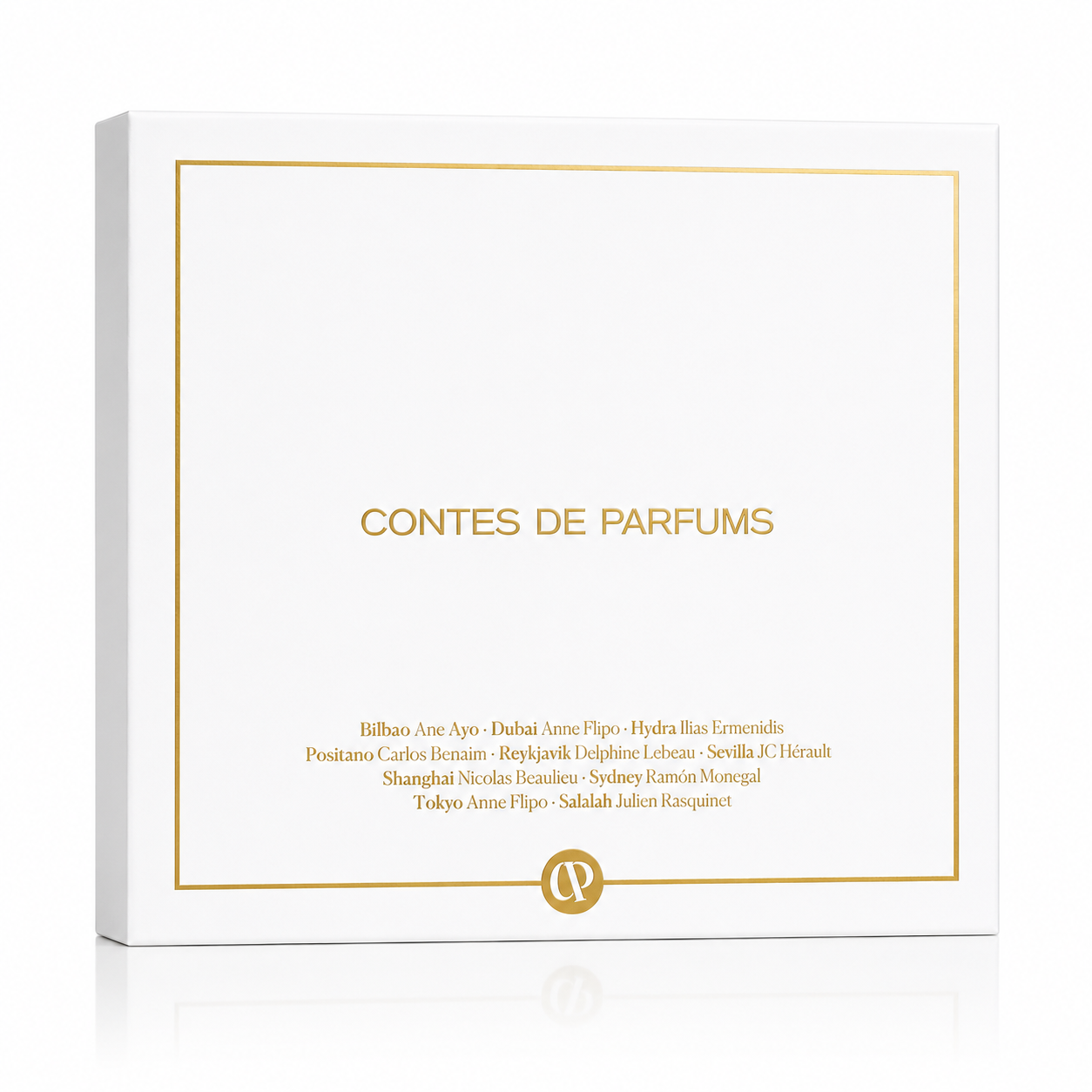 Coffret découverte Contes de Parfums fermé avec 10 échantillons de 10 ml sur fond blanc.