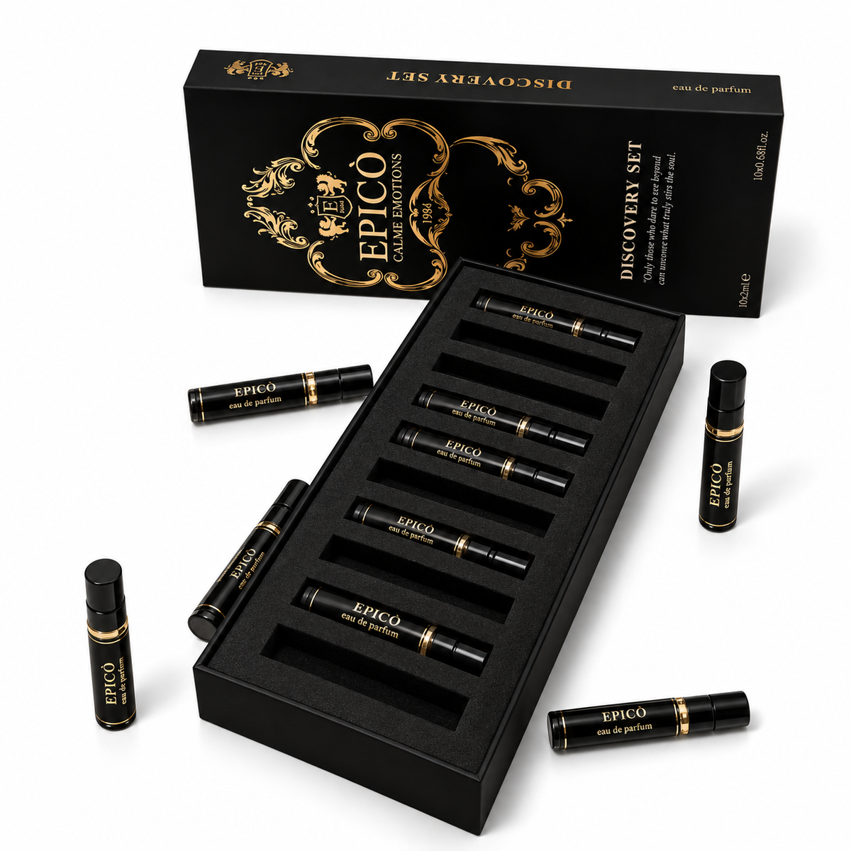 Coffret découverte d'Epicò ouvert, ses dix vaporisateurs de 2 ml disposés autour de la boîte.