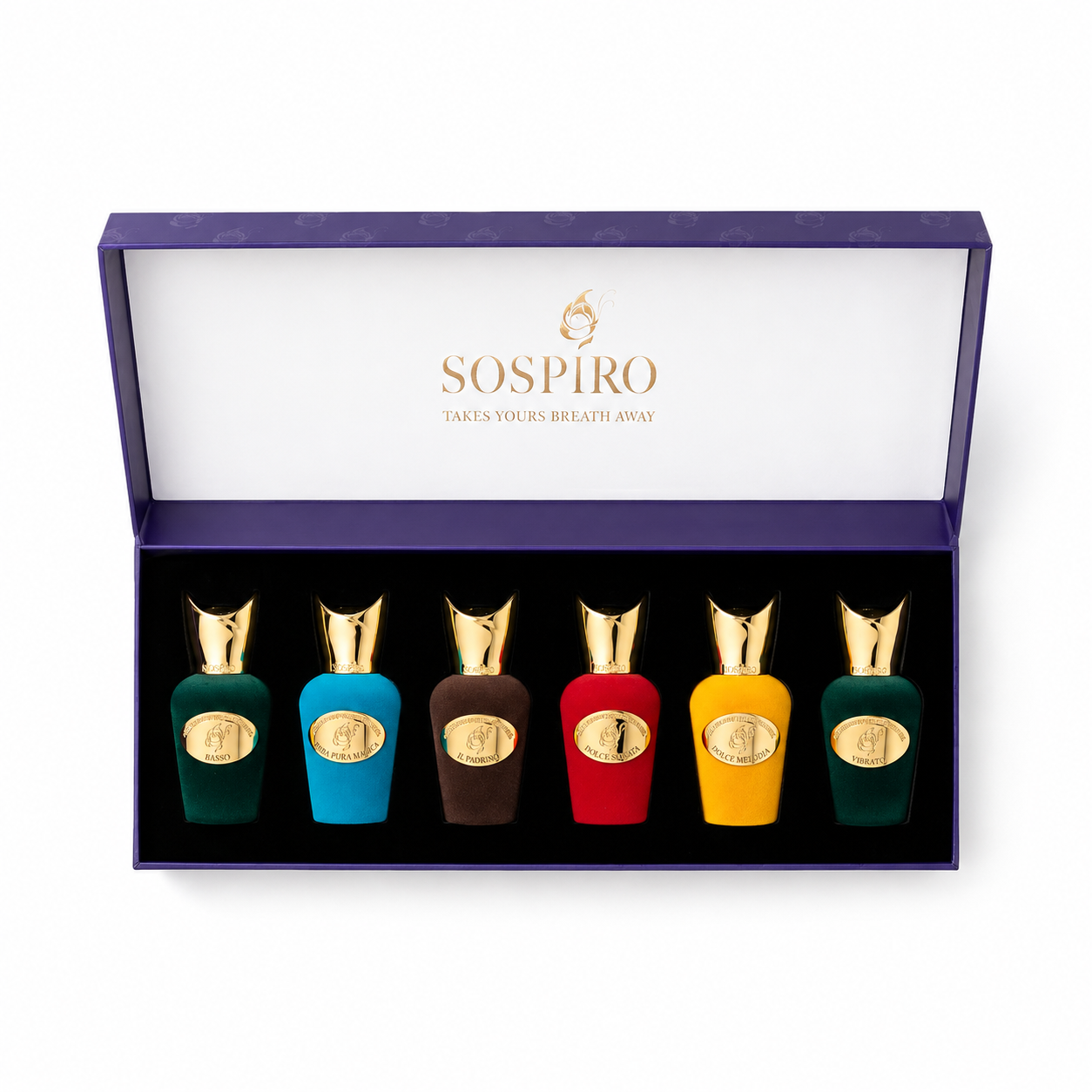Coffret Miniature Set de Sospiro, six eaux de parfum de 15 ml, coffret ouvert de face sur fond blanc.