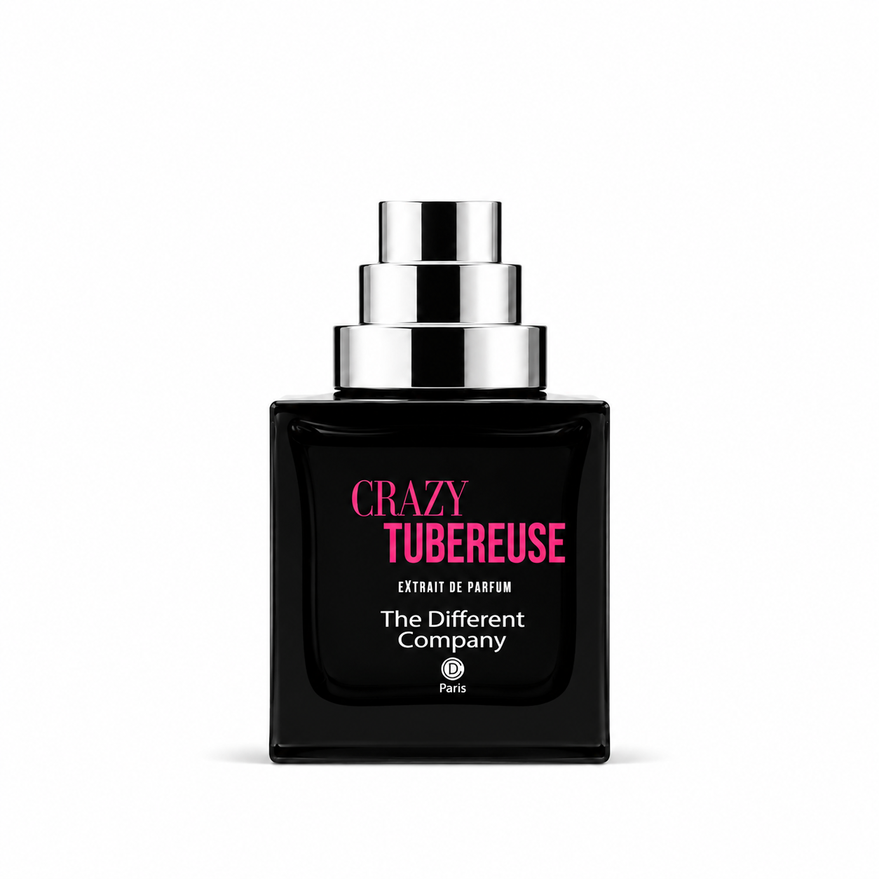 Crazy Tubéreuse de The Different Company, extrait de parfum 50 ml, flacon noir de face sur fond blanc.