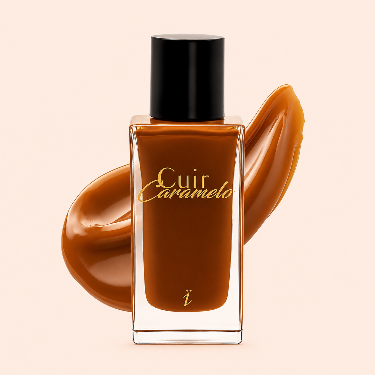 YZKINE Cuir Caramelo Eau de Parfum 50 ml dans une composition artistique aux tons caramel avec forme abstraite brillante et fluide