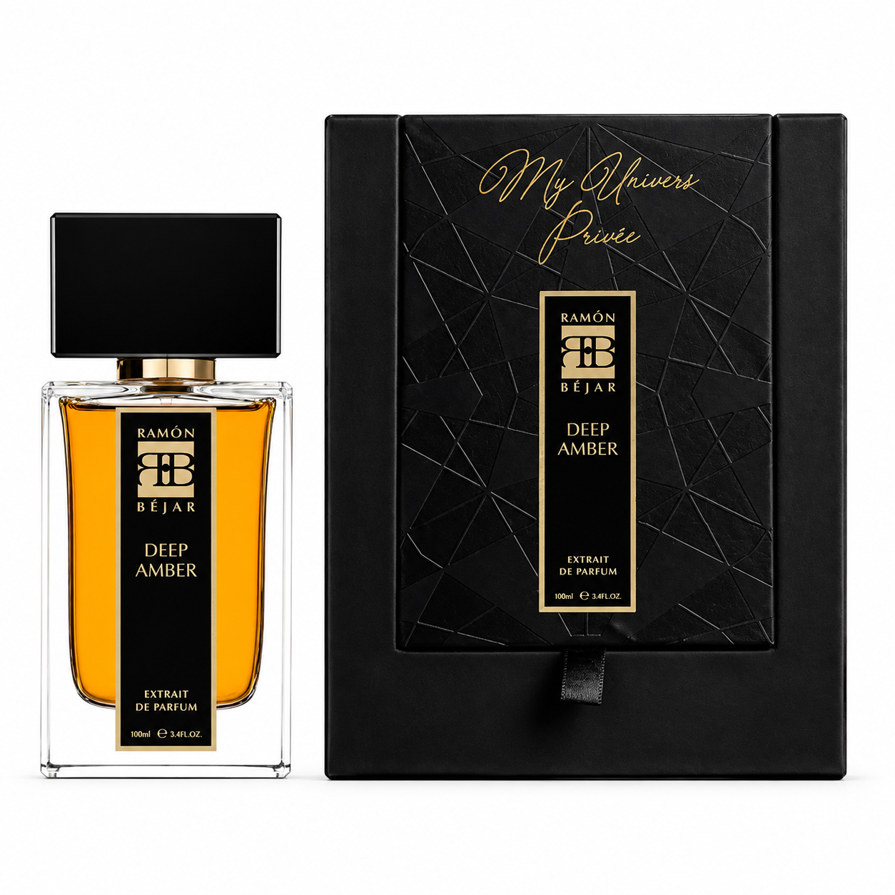 Coffret Deep Amber Ramon Bejar Extrait de Parfum 100 ml avec flacon sur fond blanc
