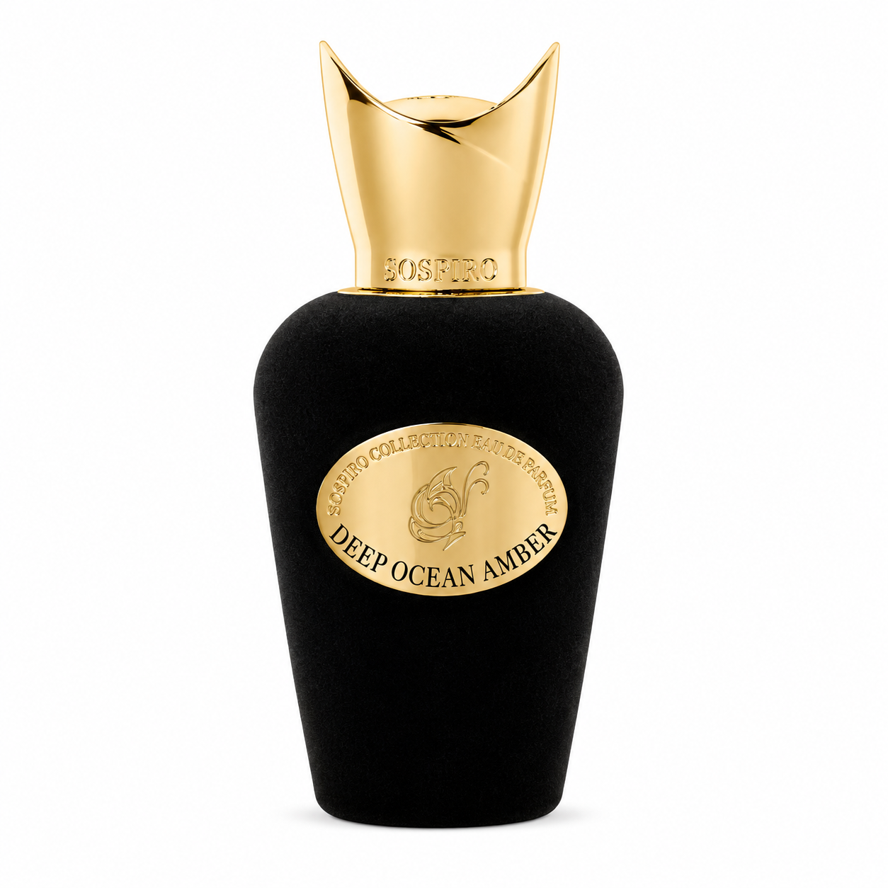 Deep Ocean Amber de Sospiro, eau de parfum 100 ml, flacon de velours noir de face sur fond blanc.