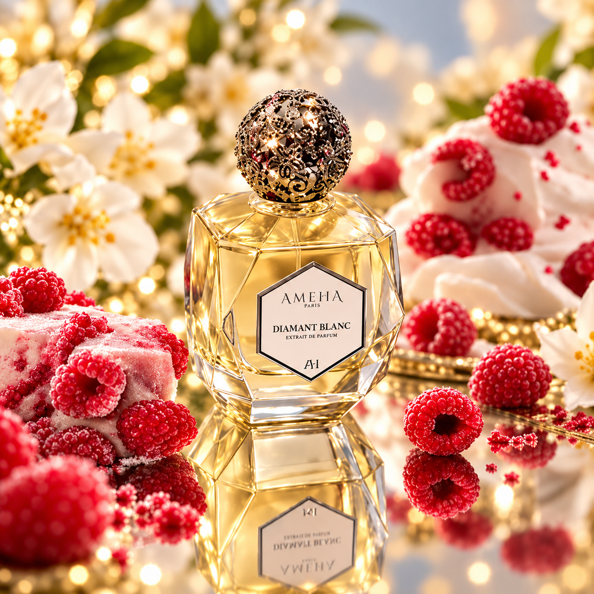 Diamant Blanc d'AMEHA Paris, extrait de parfum 100 ml, mis en scène parmi des framboises givrées et des fleurs blanches, reflet sur miroir.