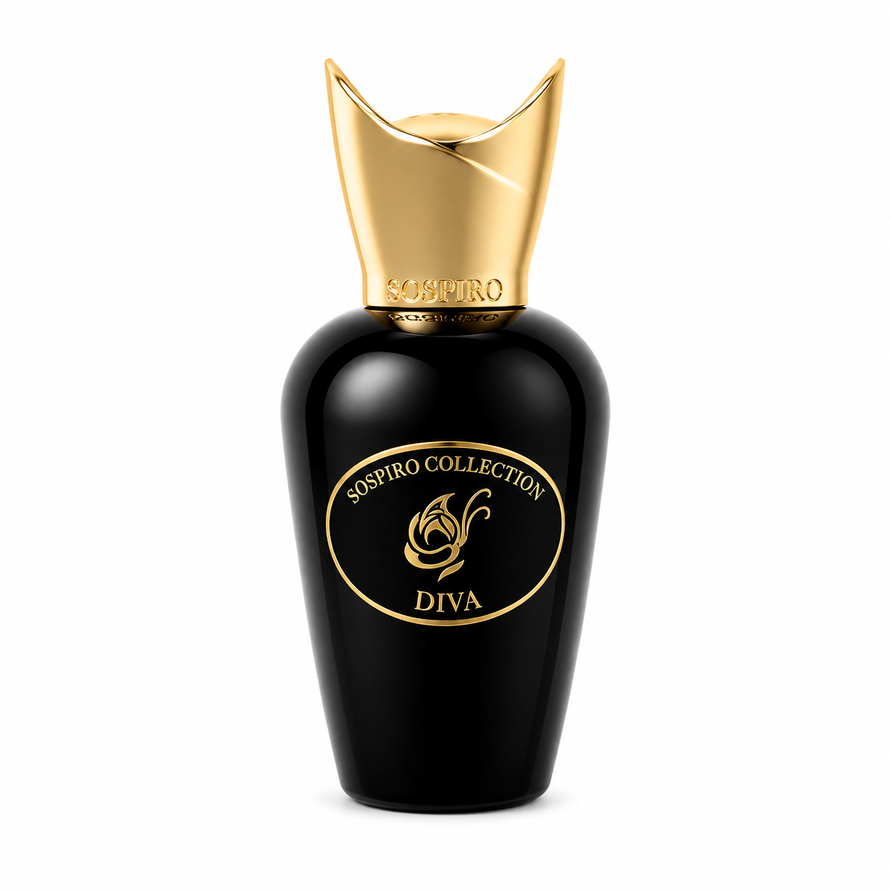 Diva de Sospiro, eau de parfum 75 ml, flacon de verre noir laqué de face sur fond blanc.
