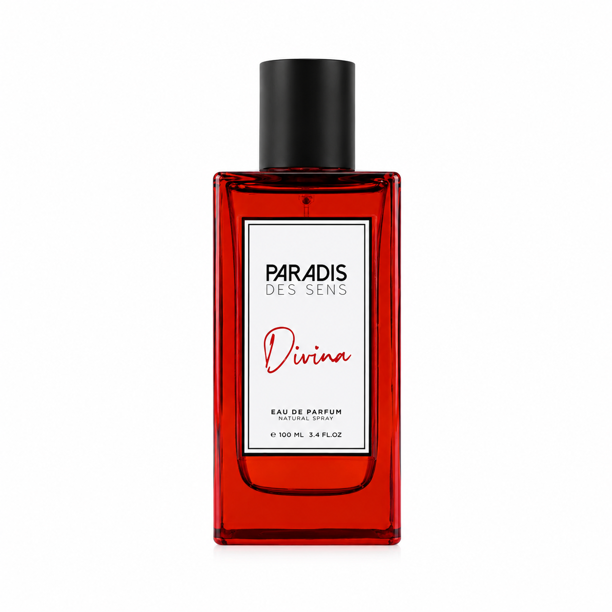 Divina de Paradis des Sens, eau de parfum 100 ml, flacon rouge de face sur fond blanc.