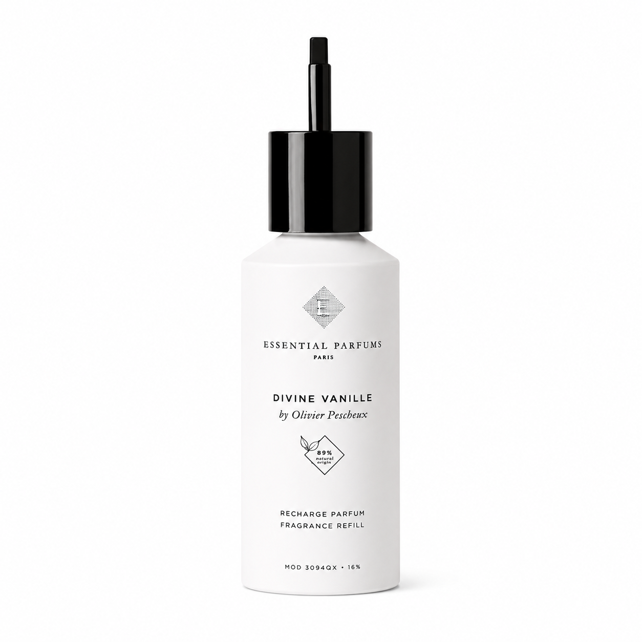 Recharge Parfum Divine Vanille d'Essential Parfums 150 ml, flacon de recharge de face sur fond blanc.
