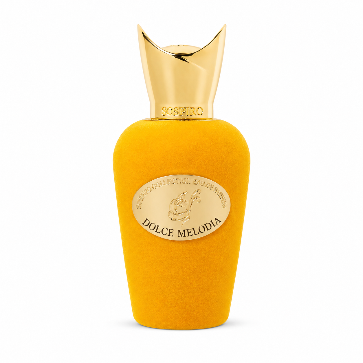 Dolce Melodia de Sospiro, eau de parfum 100 ml, flacon de velours jaune safran de face sur fond blanc.