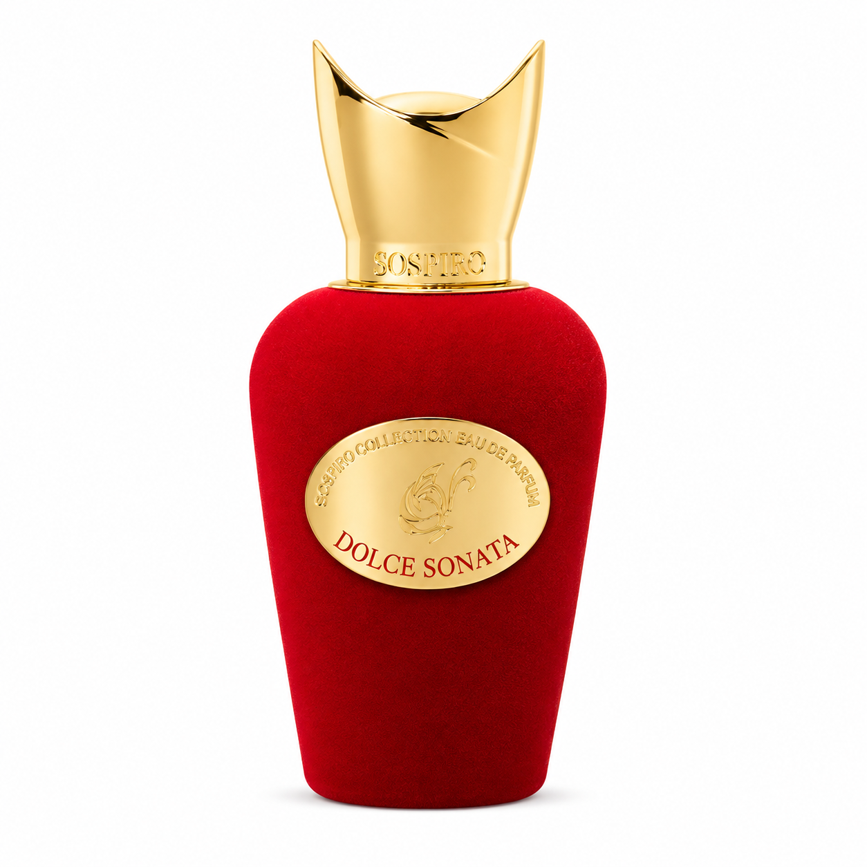 Dolce Sonata de Sospiro, eau de parfum 100 ml, flacon de velours rouge de face sur fond blanc.