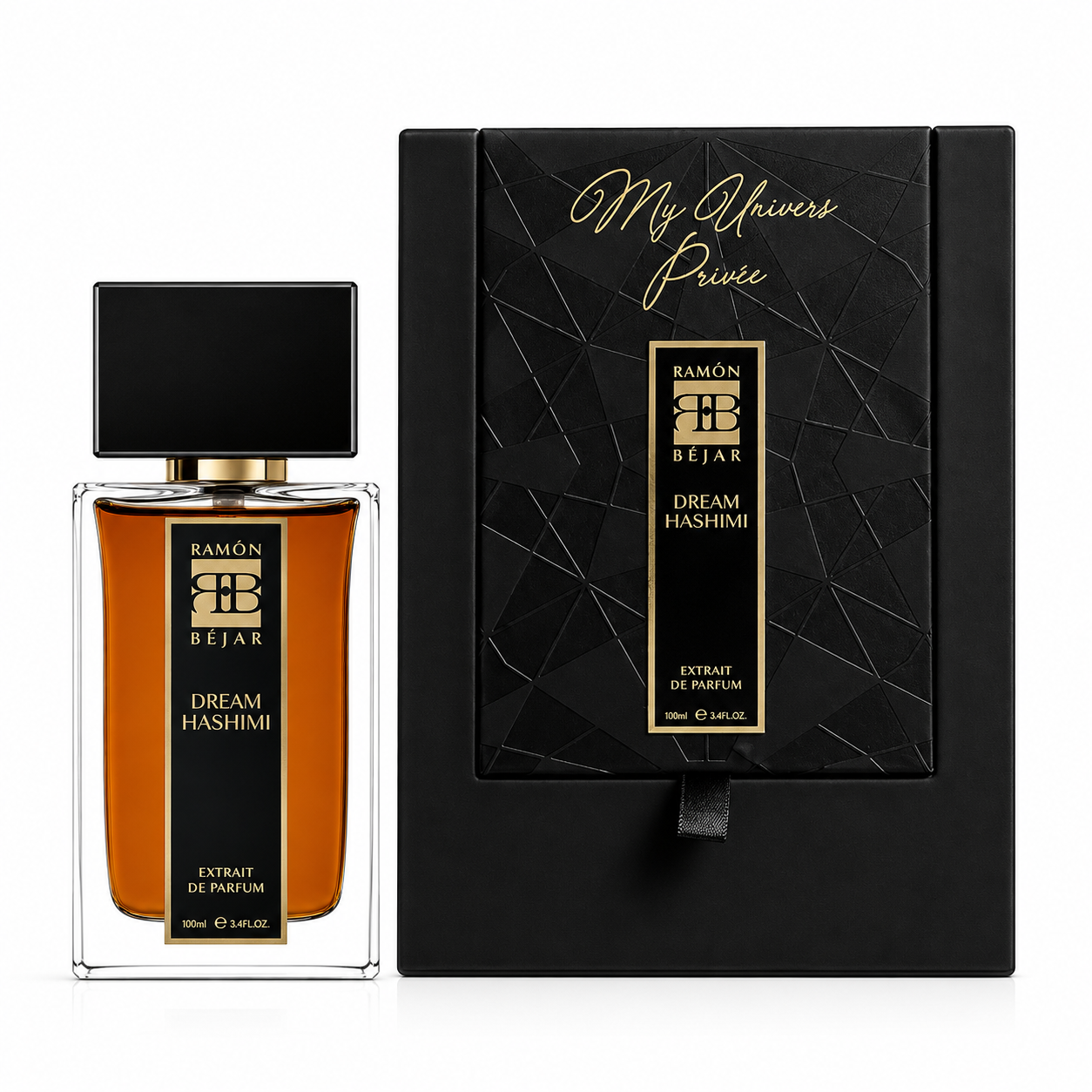 Coffret Dream Hashimi Ramon Bejar Extrait de Parfum 100 ml avec flacon sur fond blanc