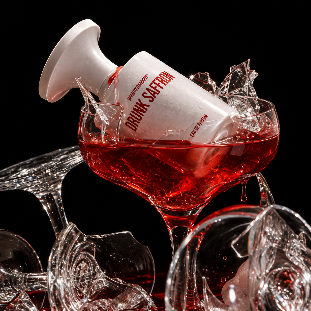 Drunk Saffron Eau de Parfum 50 ml avec cocktail rouge et éclats de verre