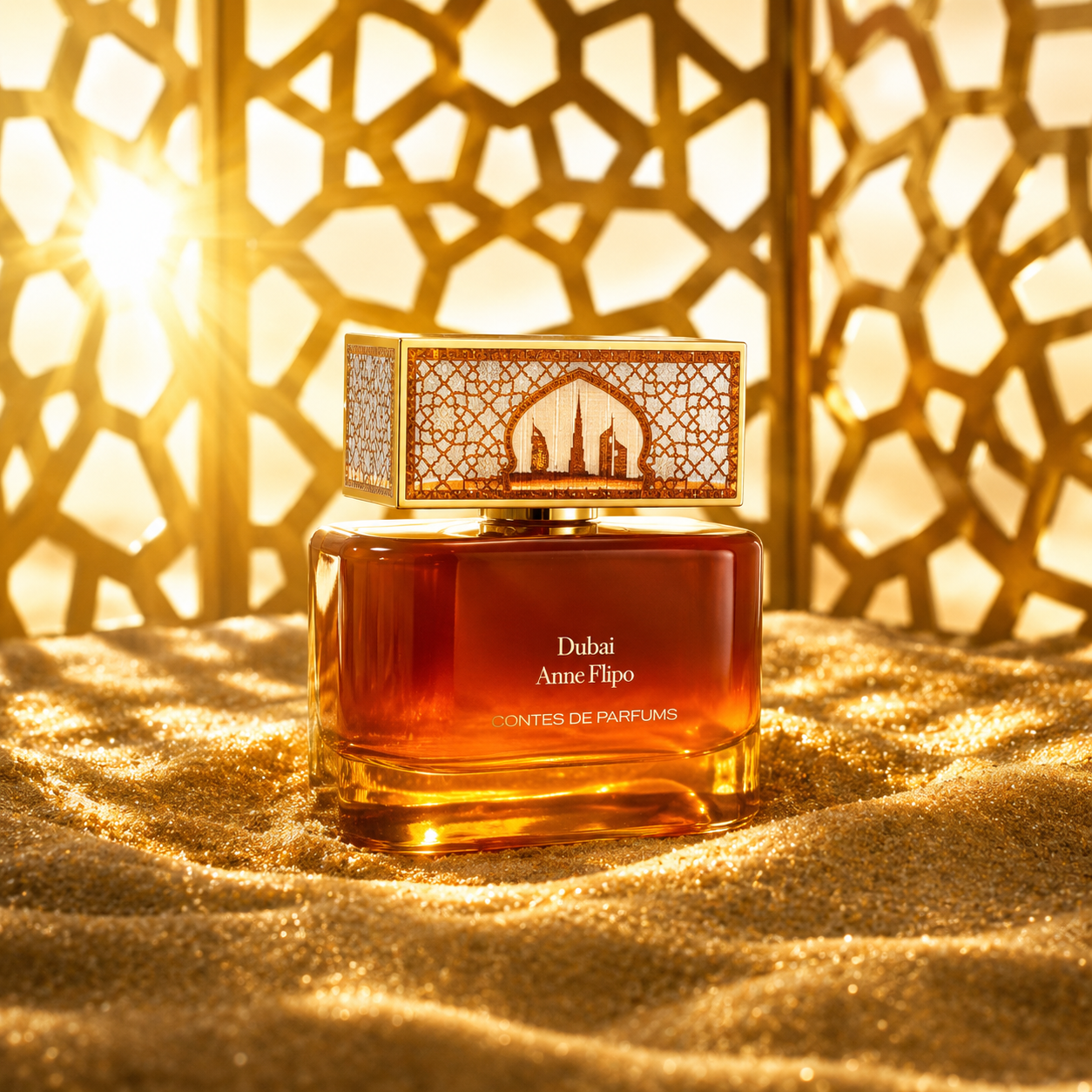 Dubai Contes de Parfums 100 ml eau de parfum dans un décor désertique baigné par un coucher de soleil avec architecture orientale en arrière-plan