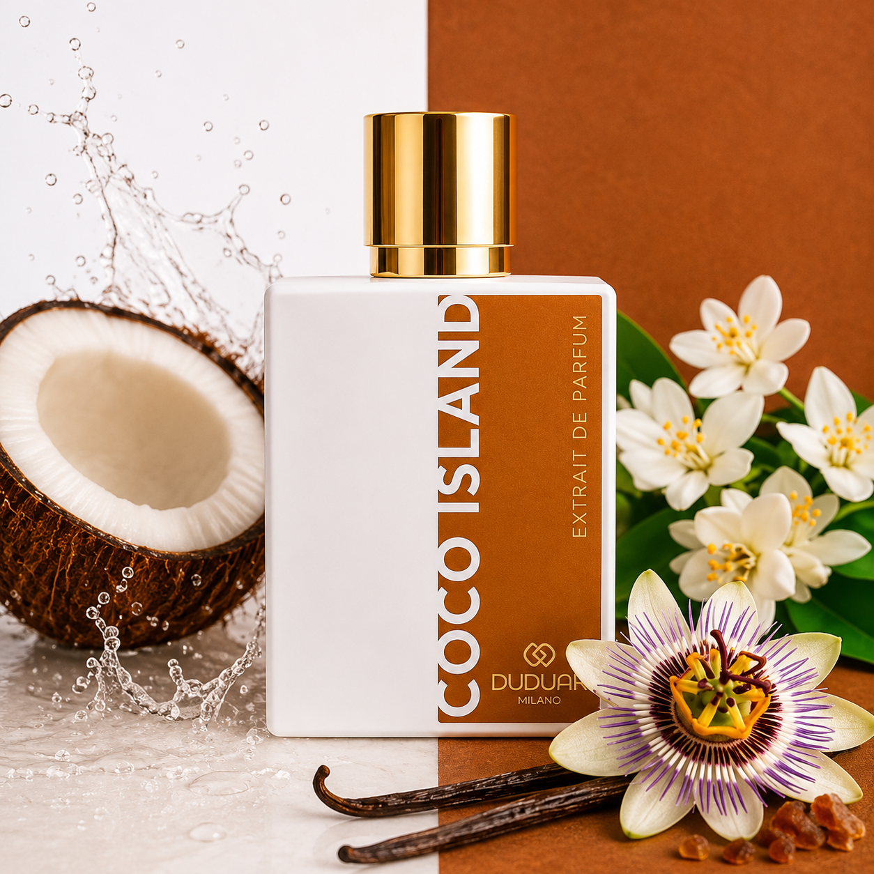 Duduar Milano Coco Island entouré de noix de coco, fleurs d'oranger, fleur de la passion et gousses de vanille