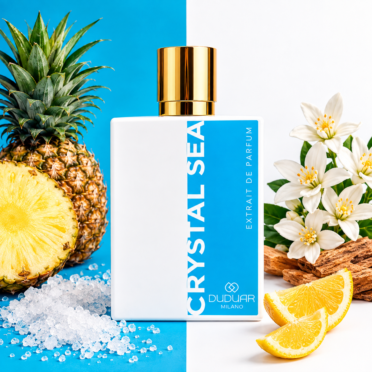 Duduar Milano Crystal Sea entouré d'ananas, cristaux de sel, fleurs blanches et bois flotté