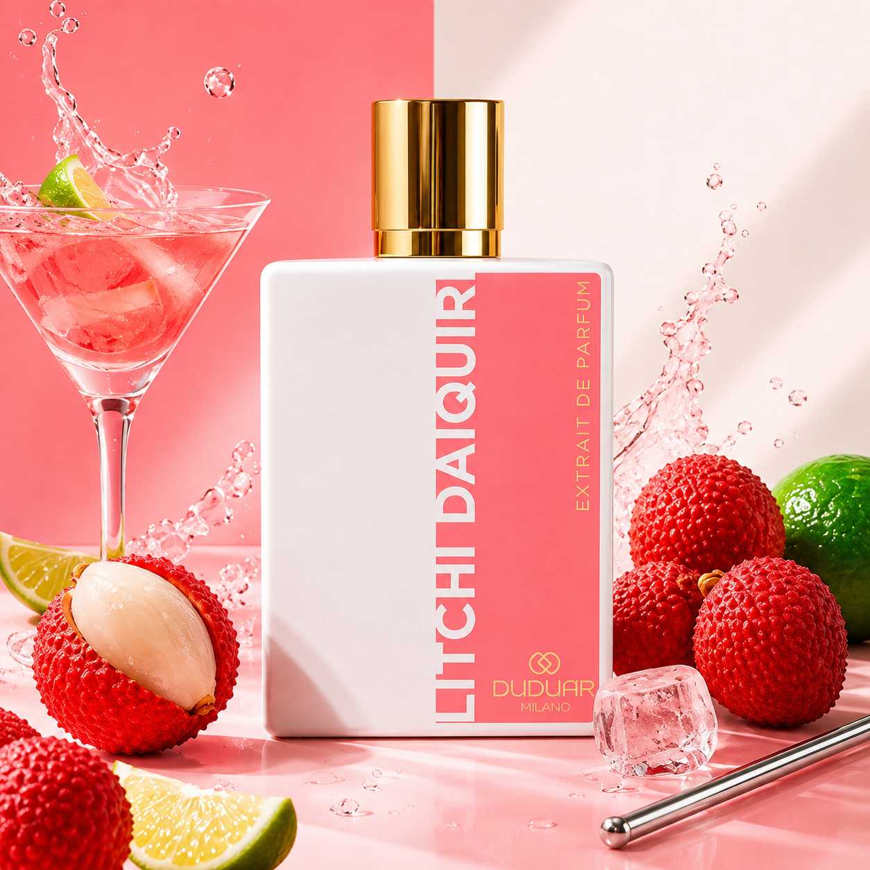 Duduar Milano Litchi Daiquiri entouré de litchis, citron vert et glaçons