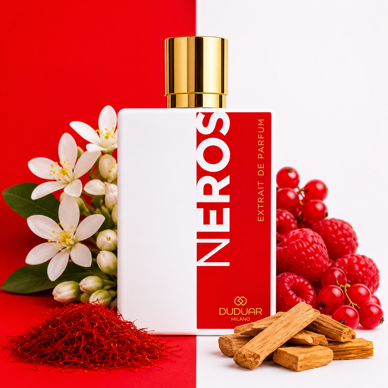 Duduar Milano Neros entouré de safran, framboises, groseilles, fleurs d'oranger et bois de santal