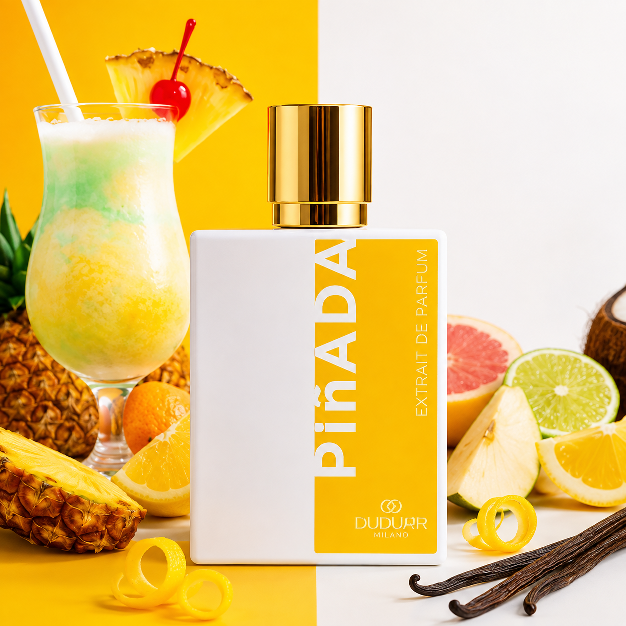 Duduar Milano Pinada entouré d'ananas, piña colada, noix de coco, agrumes et gousses de vanille