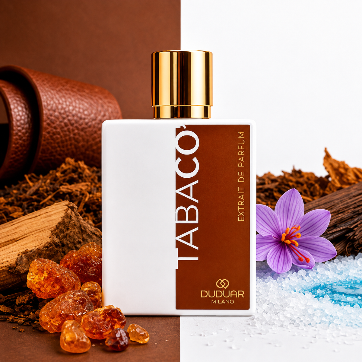 Duduar Milano Tabaco' entouré de feuilles de tabac, cuir, ambre, safran et sel