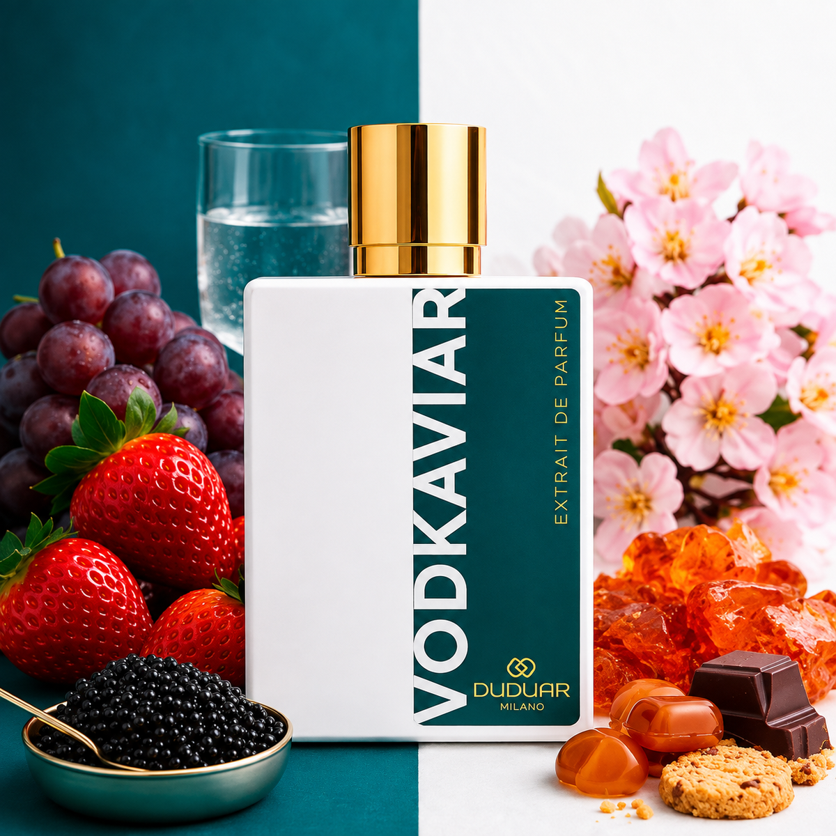 Duduar Milano Vodkaviar entouré de caviar, fraises, raisin, fleurs de cerisier et caramel