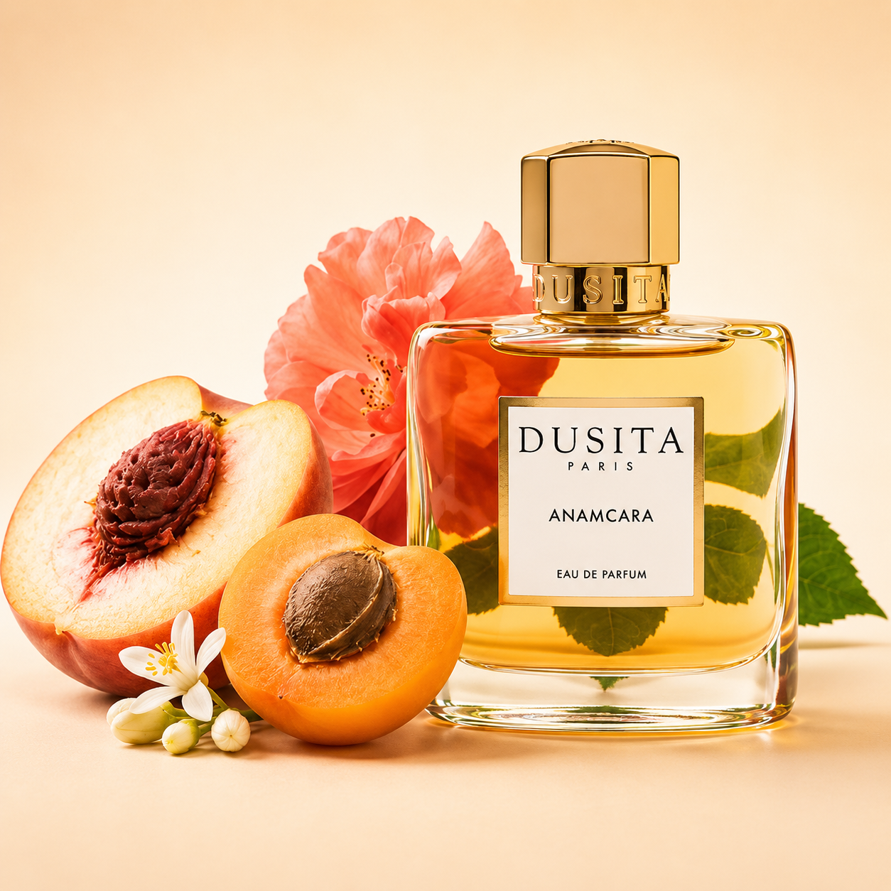 Dusita Paris Anamcara entouré de pêche, abricot, hibiscus et fleur d'oranger