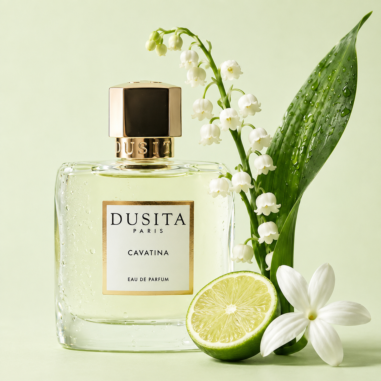 Dusita Paris Cavatina entouré de muguet, citron vert et fleurs blanches