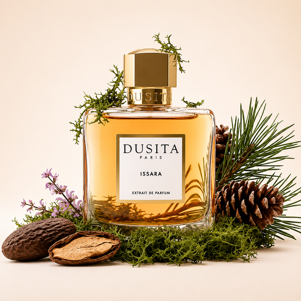 Dusita Paris Issara entouré de mousse de chêne, pommes de pin, aiguilles de pin et fève tonka