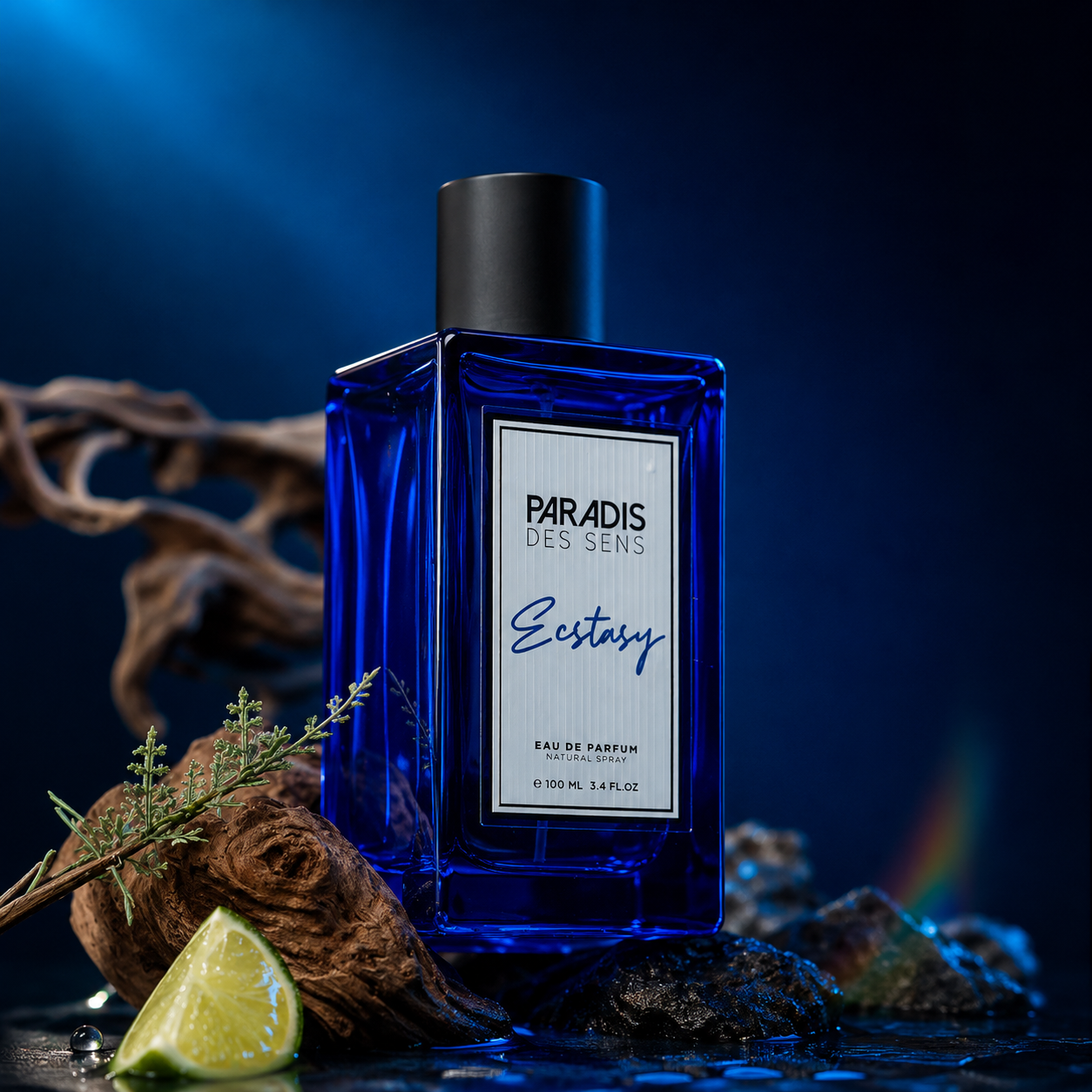 Ecstasy de Paradis des Sens, eau de parfum 100 ml, flacon bleu en mise en scène.