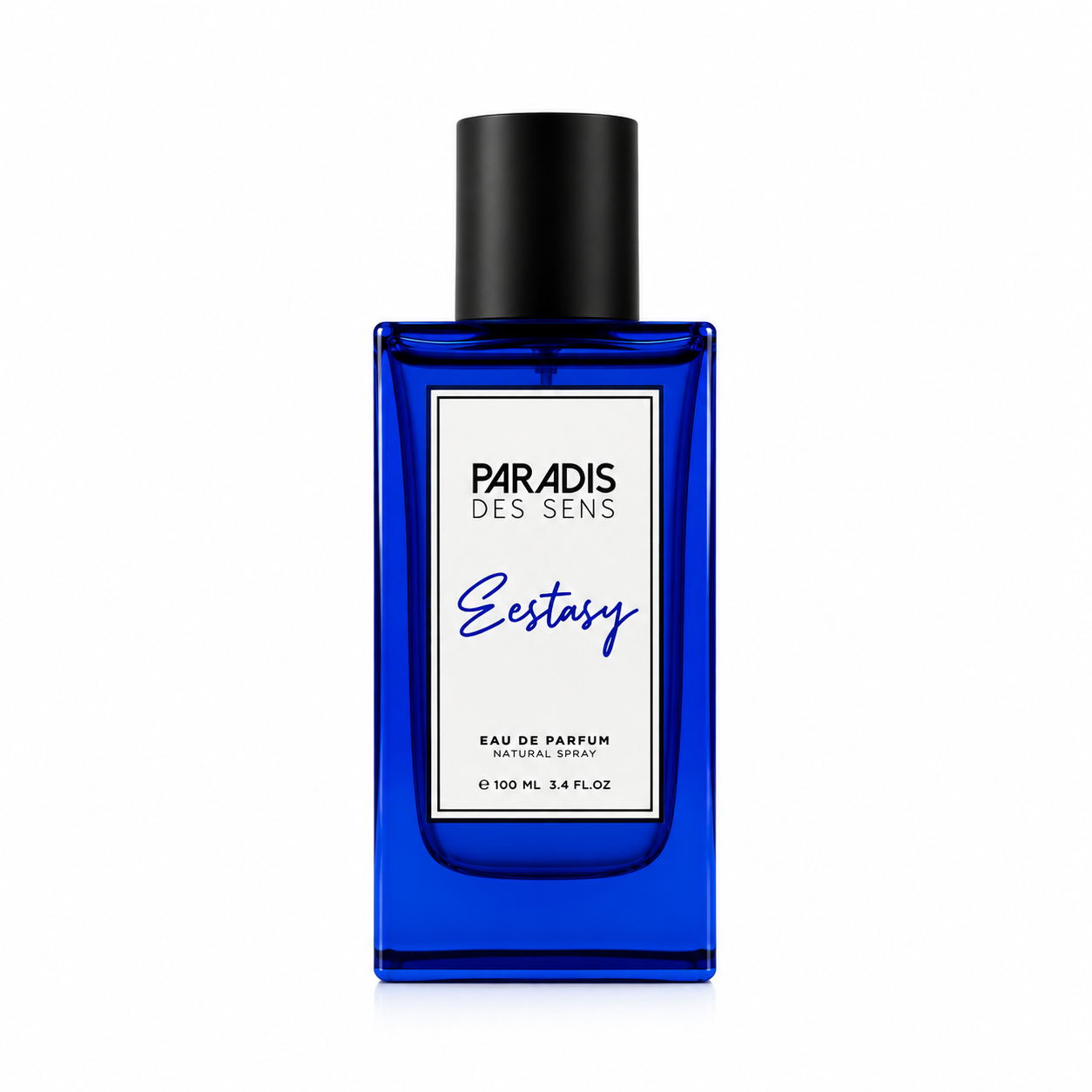 Ecstasy de Paradis des Sens, eau de parfum 100 ml, flacon bleu de face sur fond blanc.